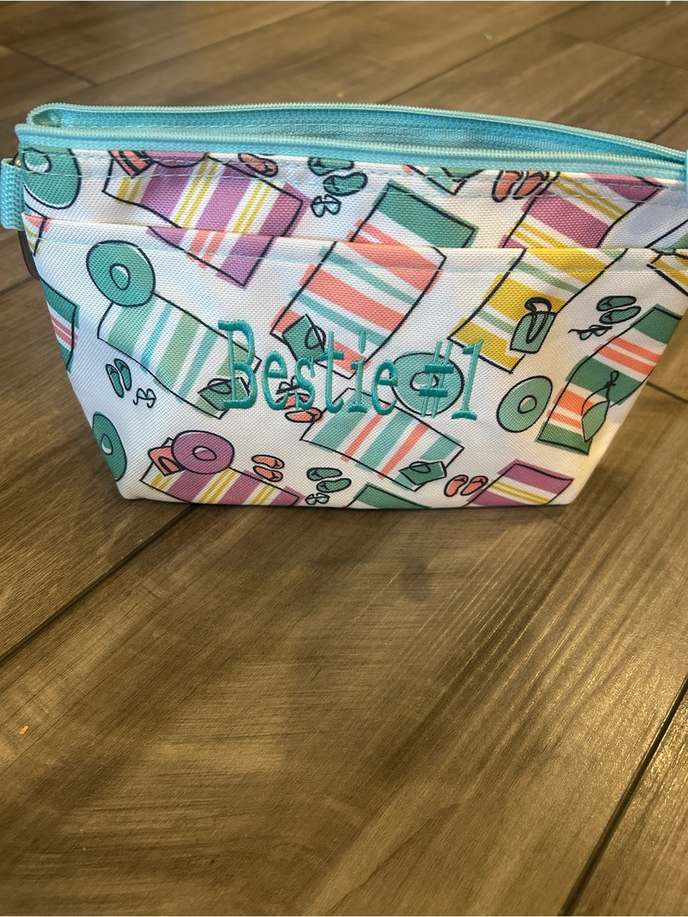 Zip Pouch in Teal and Pastel with outer phone pocket, touch screen capable